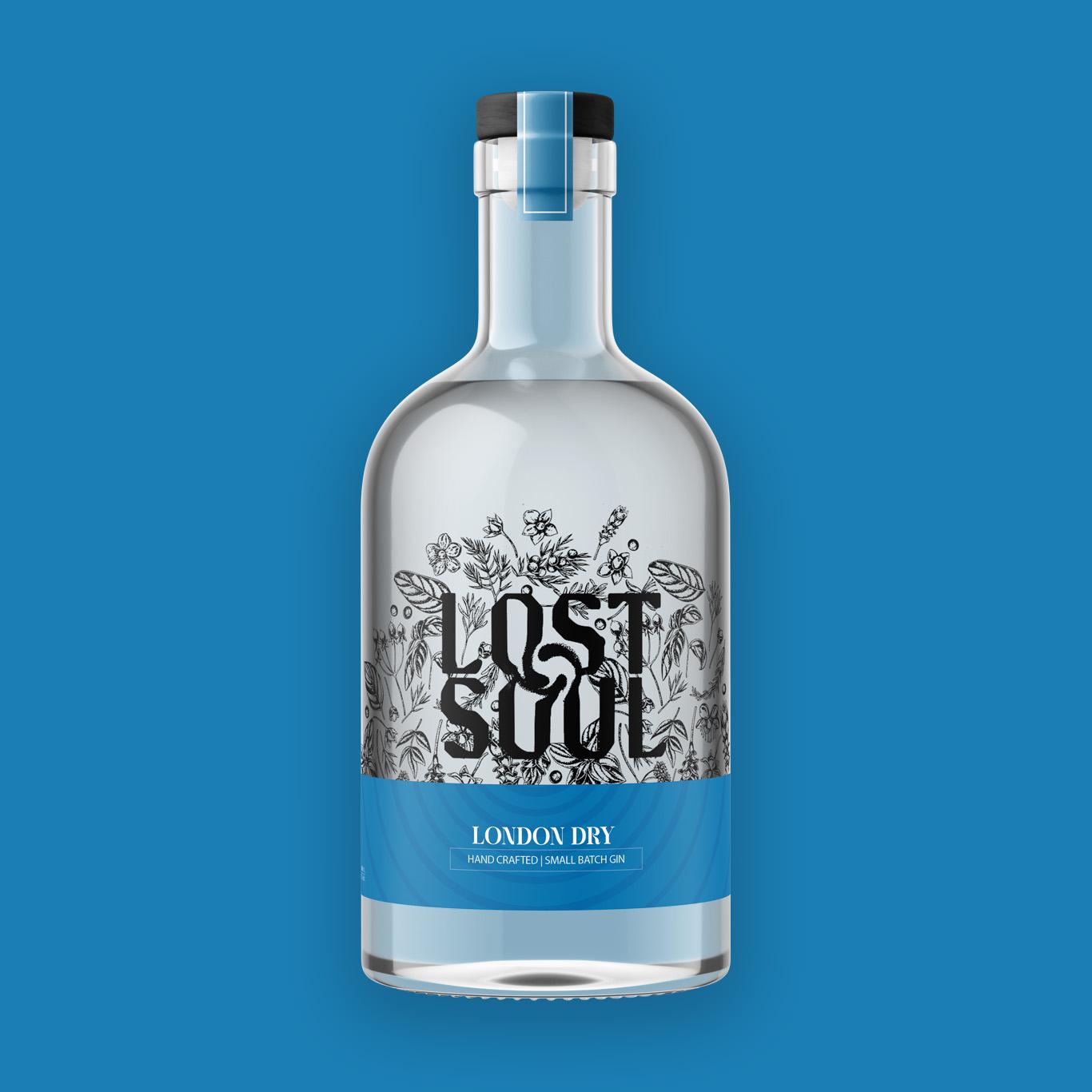 London Dry Blue Bottle Blue Background